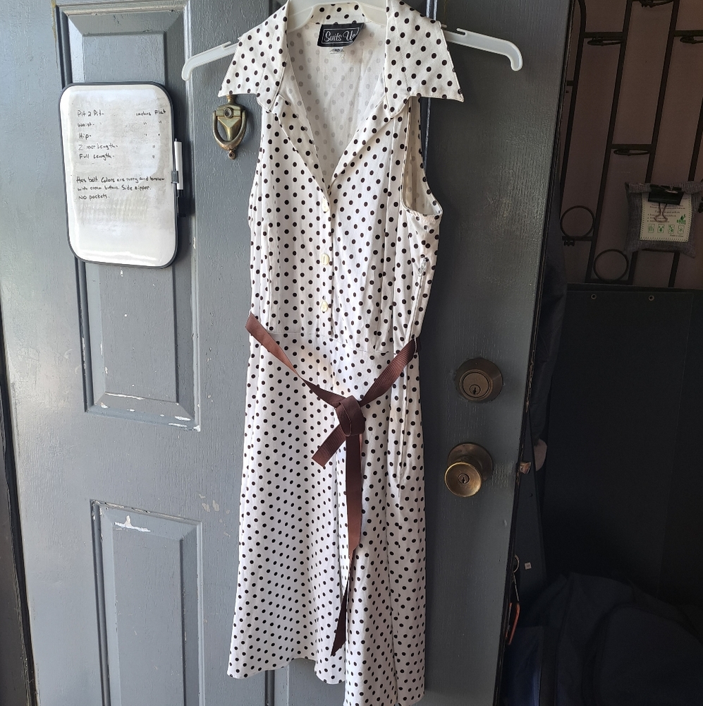 Ivory with Brown Polka-dots and Brown Ribbon Belt Collared Dress sz 10